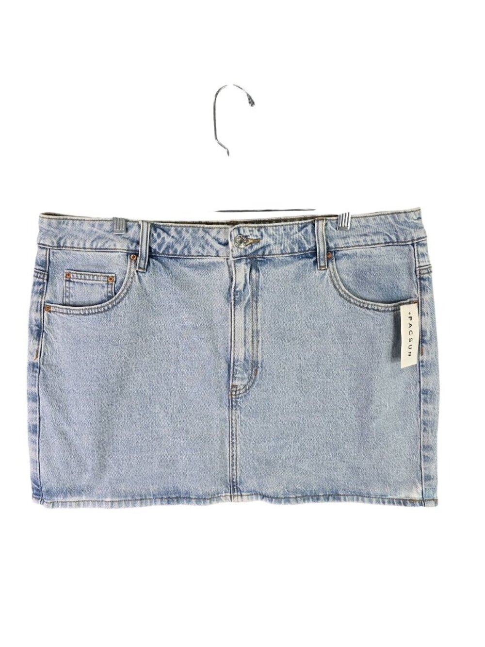 Womens PacSun Blue Denim Mini Skirt 16" Cotton Blend Stretch Light Wash Size 34